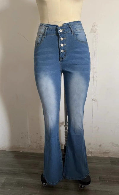 Jeans Acampanados de Cintura Alta para Mujer – Estilo Flare con Roturas y Doble Botón