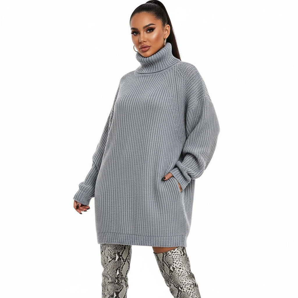 Suéter largo de cuello alto sólido para mujer, color gris, tejido grueso y cálido ideal para invierno.