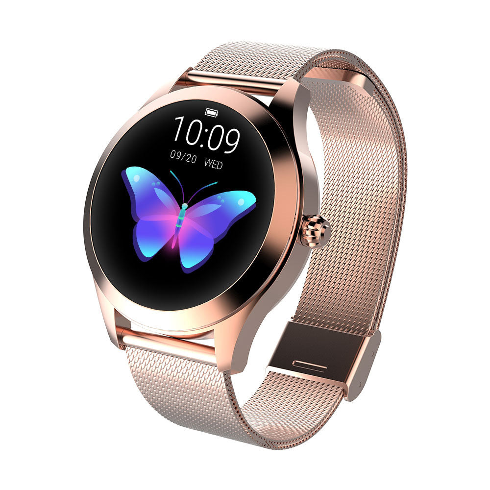 Chivo kw10pro women's smart watch with fine steel strap and round digital display showing butterfly icon