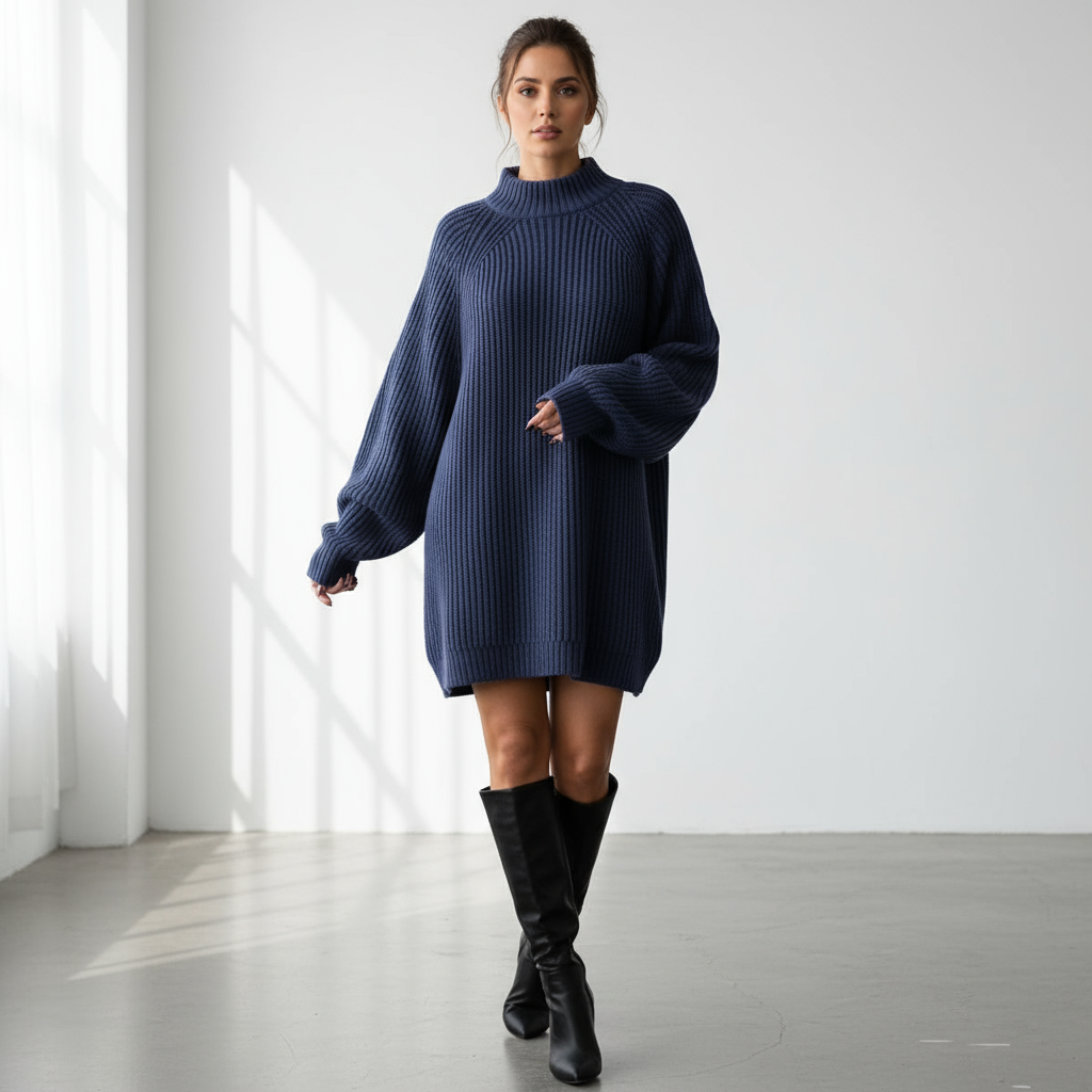 Maglione lungo a collo alto in tinta unita, caldo e invernale, da donna