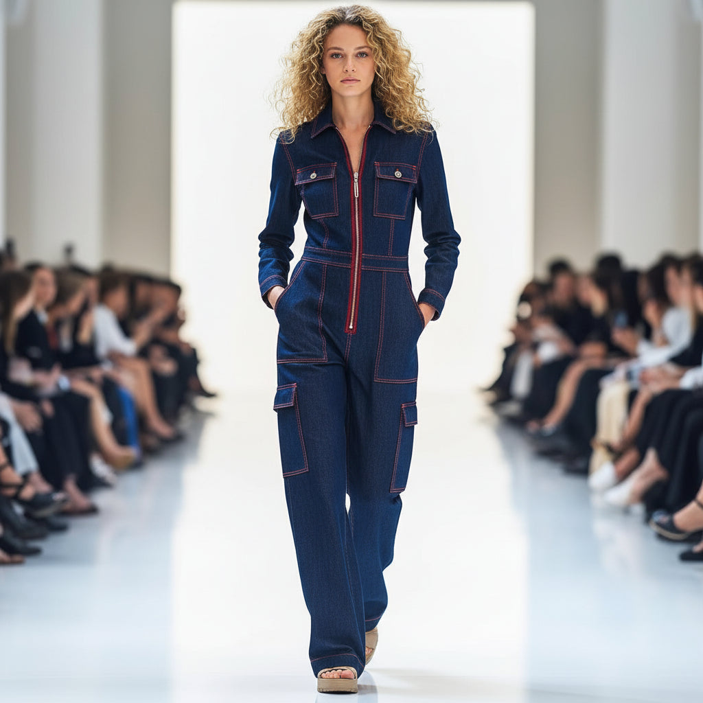 Mono Azul de Mujer Elegante – Manga Larga y Pantalón Recto (Tallas S a 3XL)