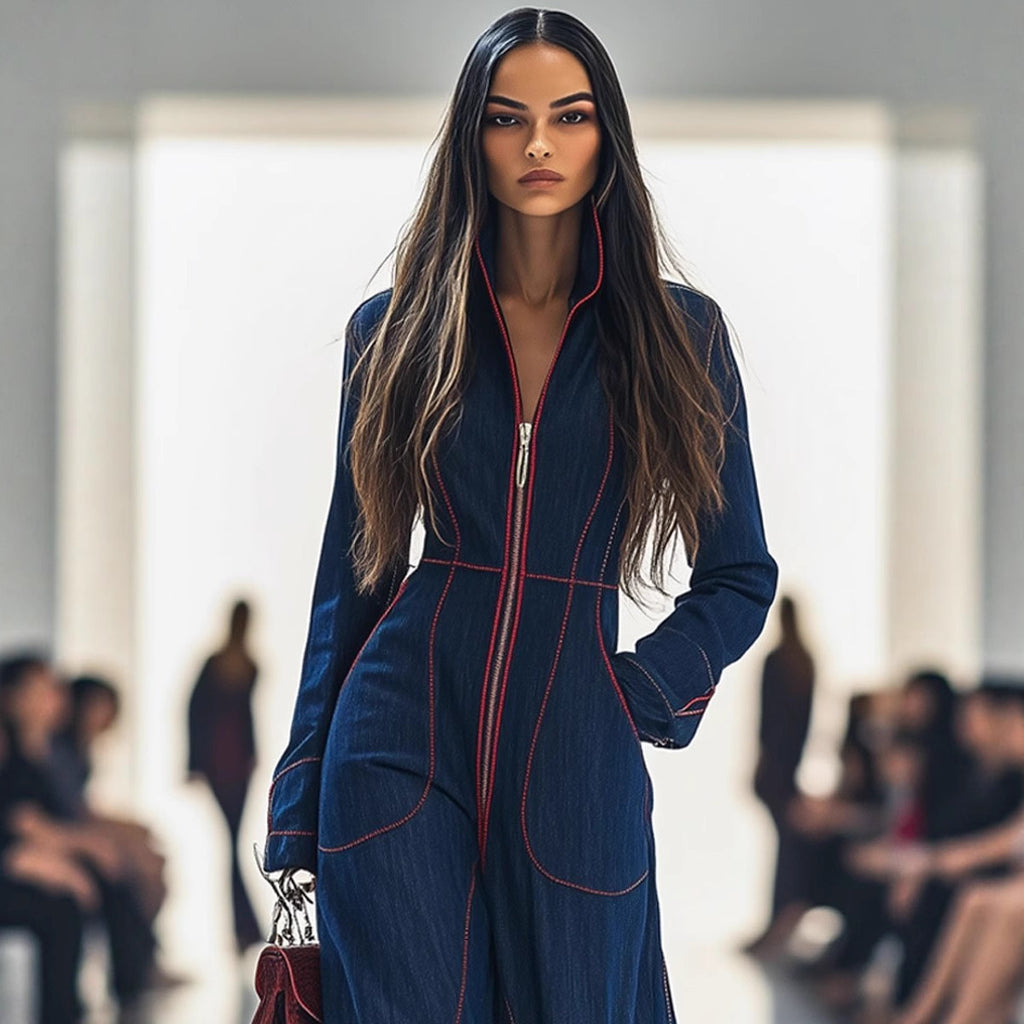 Mono Azul de Mujer Elegante – Manga Larga y Pantalón Recto (Tallas S a 3XL)