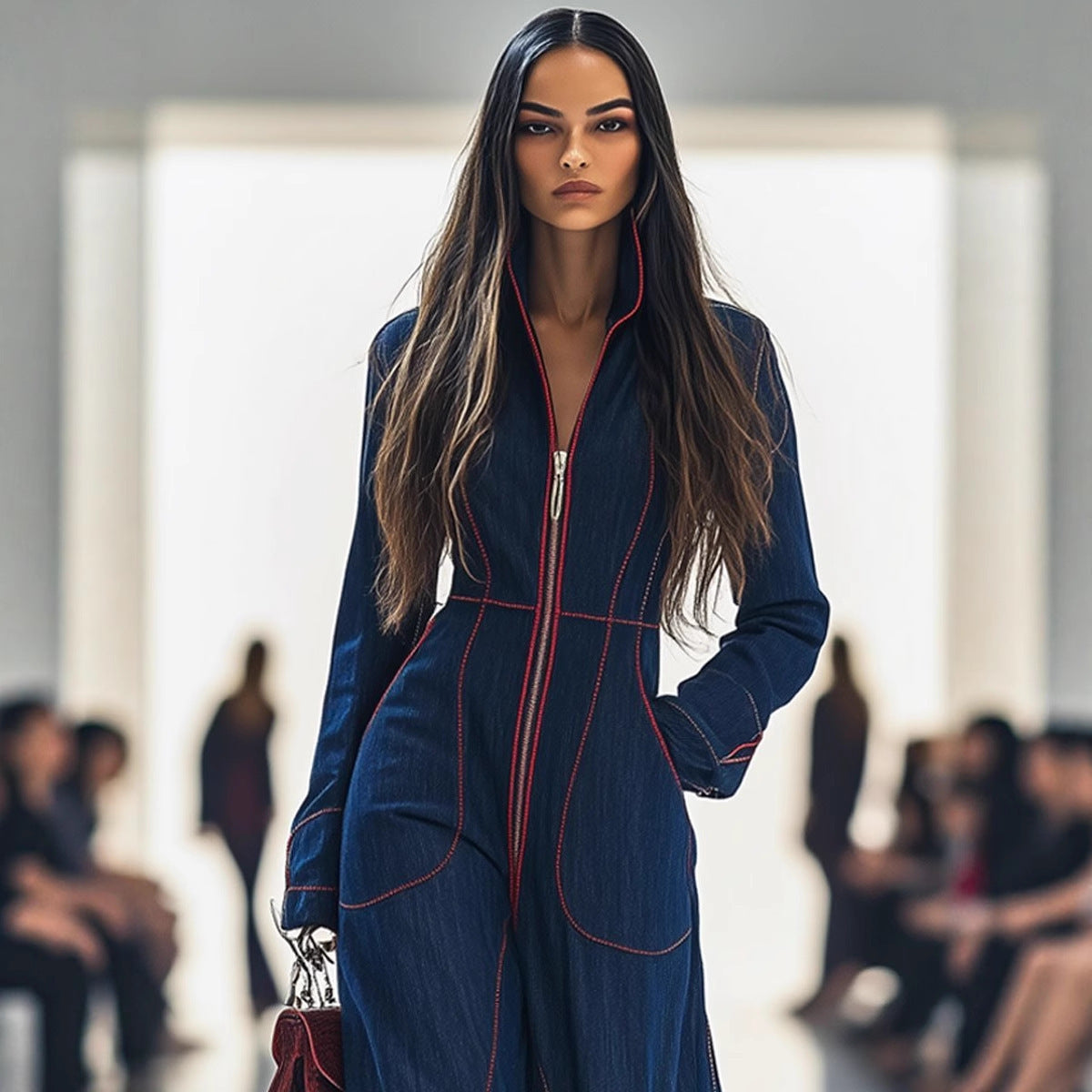 Mono Azul de Mujer Elegante – Manga Larga y Pantalón Recto (Tallas S a 3XL)