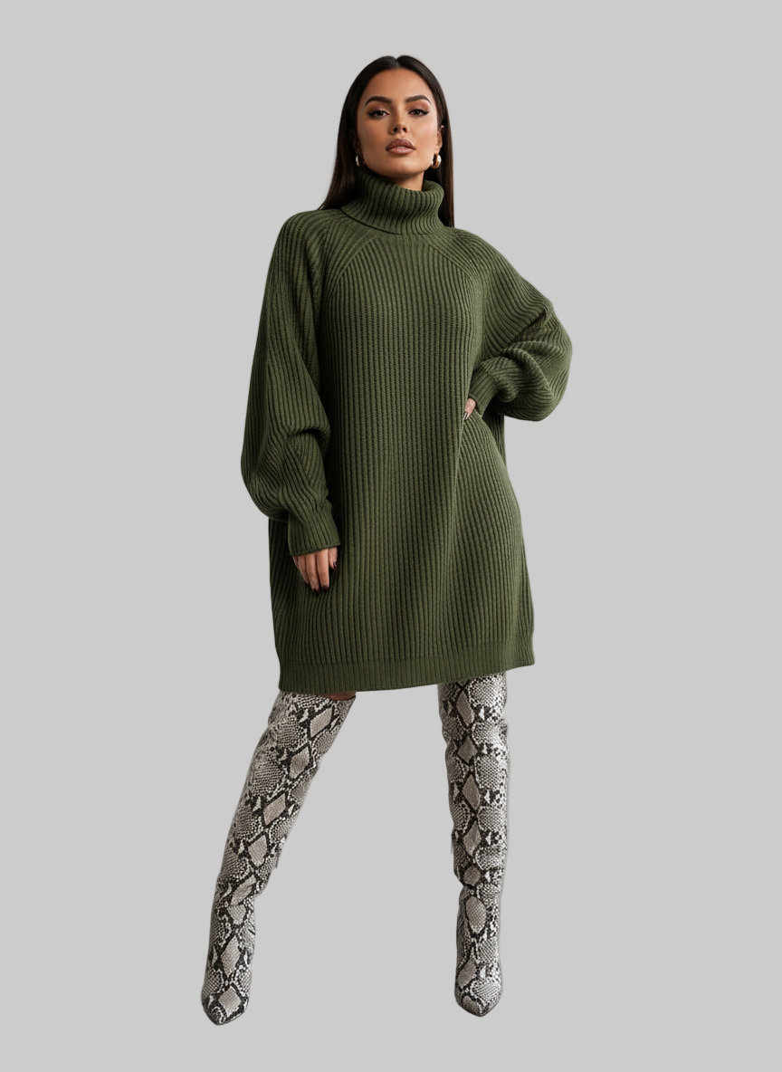 Maglione lungo a collo alto in tinta unita, caldo e invernale, da donna